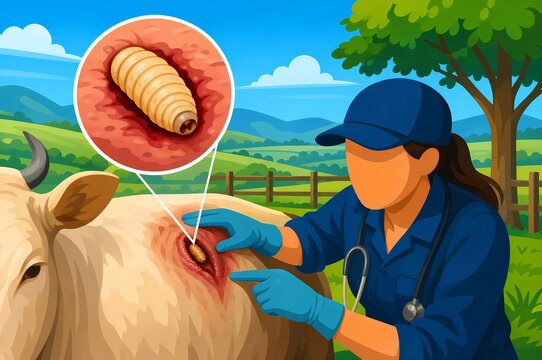 Veterinary professional treating livestock with a screwworm infestation in rural landscape.