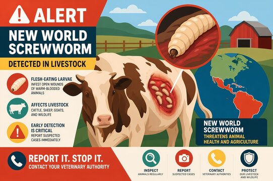 Alert on New World Screw Worm threat to livestock, featuring a cow and informative graphics.