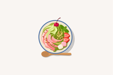 Matcha green tea and strawberry soft serve ice cream bowl topped with cherry, fresh mint leaf, crushed nuts, and mochi vector illustration. © Akasha Design