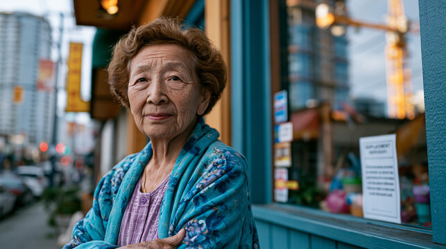 Long-term neighborhood resident standing before their modest corner store watching luxury mixed-use construction crane rise above surrounding block, displacement notice visible in storefront window 