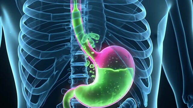 Medical animation of human stomach digestion with acid reflux motion