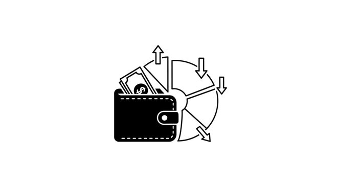 Black wallet with money and arrows.