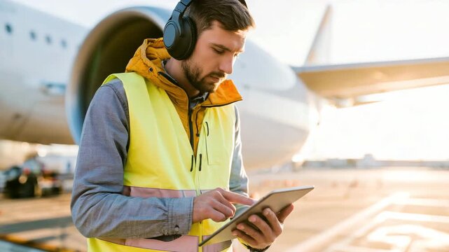 Airport ground operations professional in a high-visibility safety vest using a digital tablet beside a aircraft. maintenance, airport logistics, aircraft inspection, technology, and operational effic
