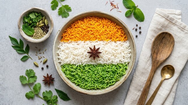 Celebrating india's independence day with tricolor rice bowl and spices