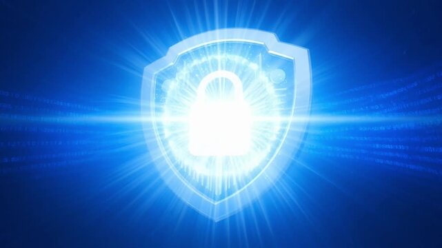 Digital shield with padlock icon and binary code background, representing cybersecurity and data protection.