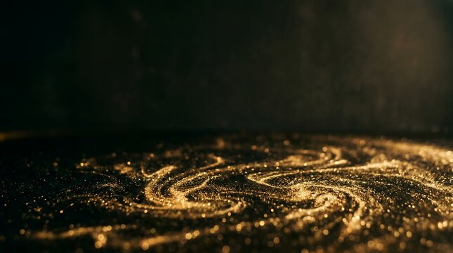 Luxury golden glitter dust texture with swirling pattern on dark background.