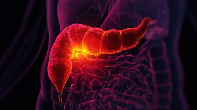 3D medical illustration of acute and chronic pancreatitis disease, inflamed pancreas anatomical cross-section showing pancreatic tissue swelling, digestive gland inflammation pathology, 