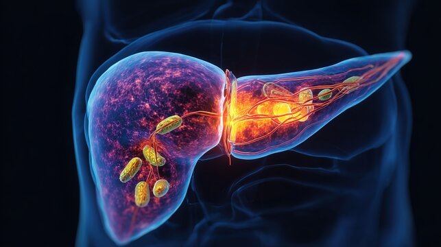 3D medical illustration of acute and chronic pancreatitis disease, inflamed pancreas anatomical cross-section showing pancreatic tissue swelling, digestive gland inflammation pathology, 