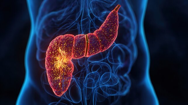 3D medical illustration of acute and chronic pancreatitis disease, inflamed pancreas anatomical cross-section showing pancreatic tissue swelling, digestive gland inflammation pathology, 