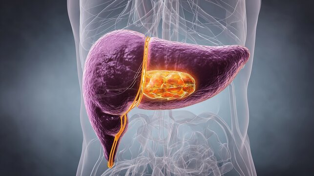 3D medical illustration of acute and chronic pancreatitis disease, inflamed pancreas anatomical cross-section showing pancreatic tissue swelling, digestive gland inflammation pathology, 