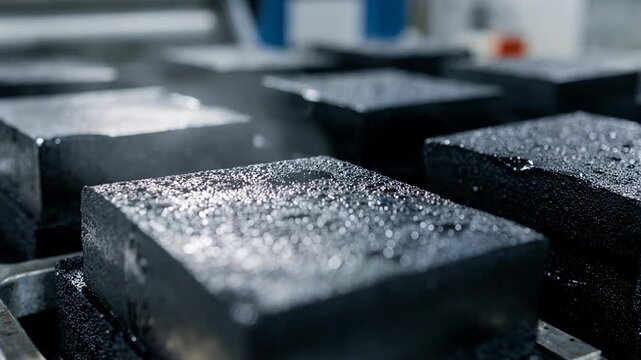 Medium shot focusing on highstyrene styrenebutadiene rubber blocks during molding and cooling showcasing the dense structure and vibrant raw material quality
