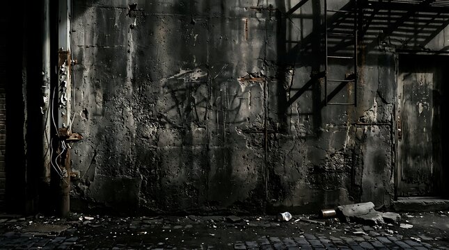 Abandoned Industrial Building Interior with Graffiti.
