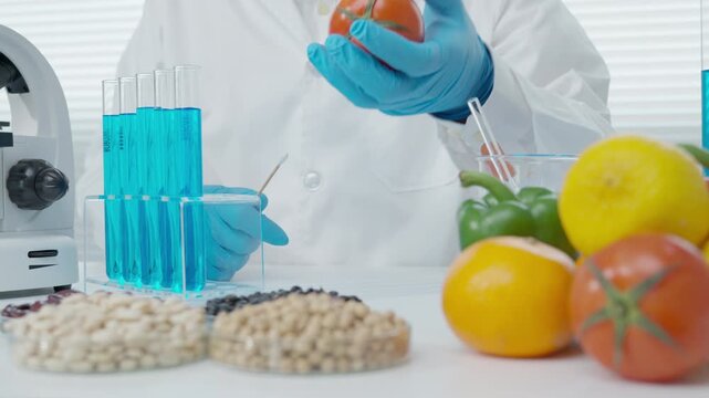 Scientist check chemical food residues, Swab for check chemical, Control experts inspect quality of vegetables. lab, hazards, ROHs, find prohibited substances, contaminate, Microscope, Microbiologist