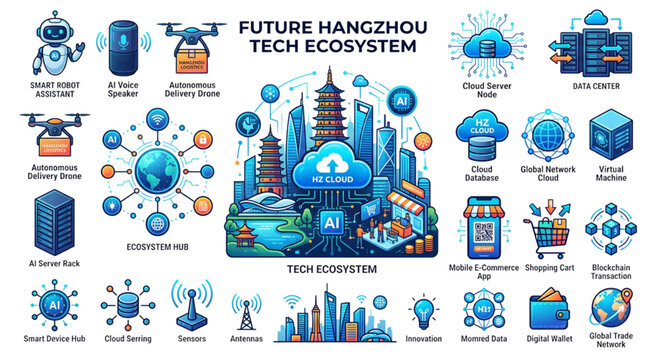 Future hangzhou tech ecosystem with ai and cloud computing elements