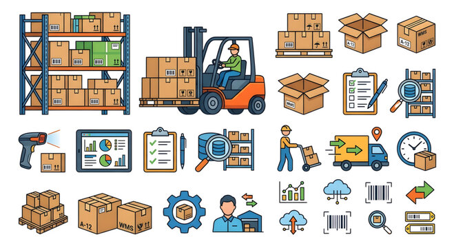 Logistics and warehouse icons including boxes, forklift, and shipping symbols