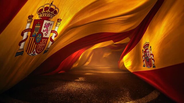 SPAIN's LA FURIA ROJA flag waves majestically in a dramatic stadium, symbolizing national pride and anticipation for the WORLD CUP 2026, set against a cinematic, dark sky