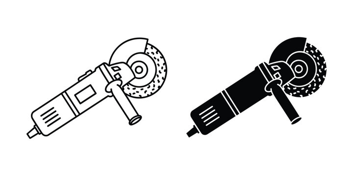 Angle grinder tool in line art and silhouette style on white background for construction or DIY projects