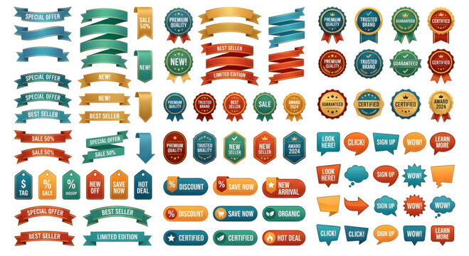 Collection of colorful sale and discount labels and badges