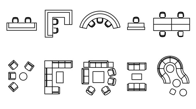 Architectural Reception Furniture CAD Blocks Top View Lobby and Desk Symbols Vector Sheet