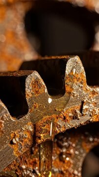 Rusty Gear Lubrication Macro - A close-up view of a rusty metal gear with golden oil dripping down its teeth. The texture of the rust is detailed, contrasting with the smooth flow of the lubricant.