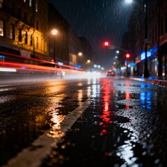 Obraz premium Wet City Road at Night with Rain and Light Reflections