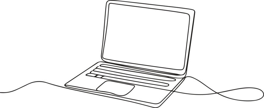 A line drawing of a laptop computer with a cord connected to it