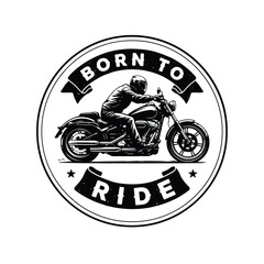 Obraz premium Motorcycle rider and vehicle black and white vector illustration with text