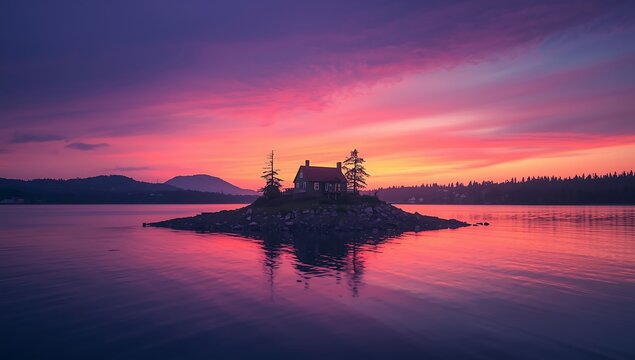 A small house on a tiny island in the middle of a calm lake during a vibrant sunset with purple and orange clouds