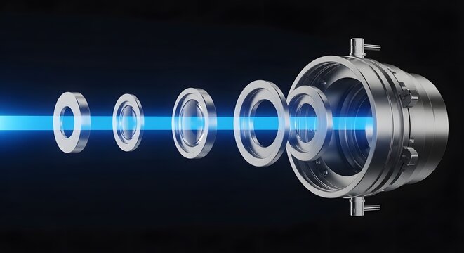 Futuristic glowing blue optical camera lens cross section diagram