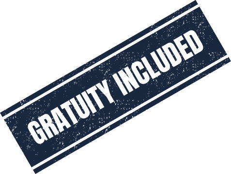A dark blue textured stamp icon with white text saying gratuity included for service industries