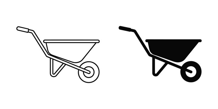 Simple line drawing and solid silhouette of a garden wheelbarrow on a white background for construction or landscaping concepts