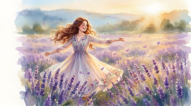 Woman in a flowing white dress dancing in a field of flowers