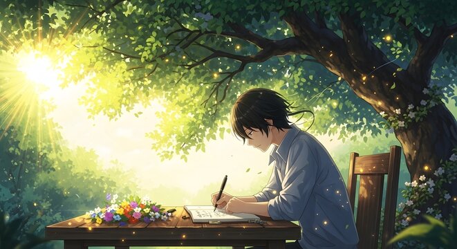 Woman sitting peacefully under a glowing tree in a magical forest