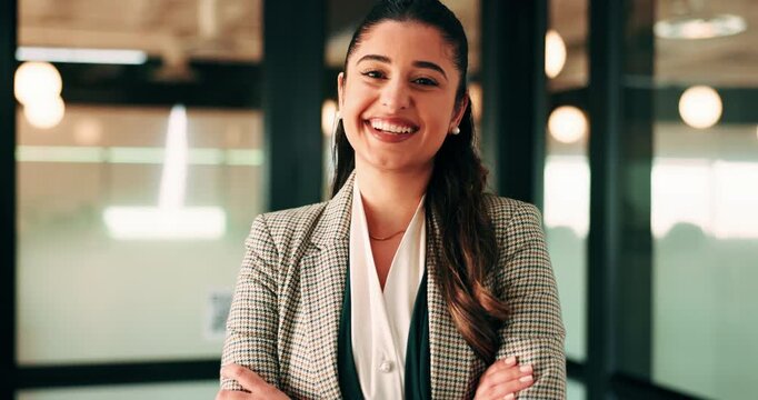 Business, face or happy woman with arms crossed in office for career pride, development or growth. Portrait, female person or employee with smile or confidence for job opportunity in workplace