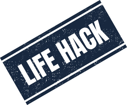 A distressed dark blue rubber stamp featuring the words life hack in a clean font