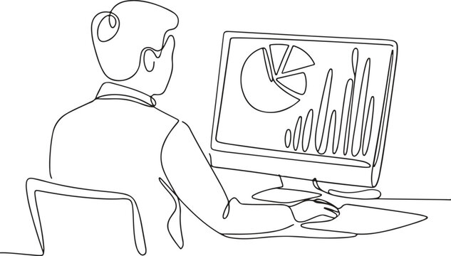 Continuous line drawing of a man sitting at a computer with a pie chart on the screen