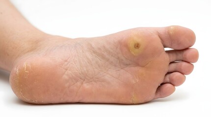 Fototapeta premium Closeup of bottom of human foot sole with callus corn and dry hardened skin on white background, showing podiatry foot care problem plantar callus skin condition and need for medical treatment