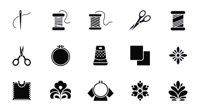 Set of 15 Black Sewing and Embroidery Craft Icons Vector