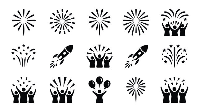 Set of 15 Black Firework Celebration Icons Vector
