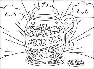 Iced tea coloring page showing a large glass pitcher with lemon and ice cubes © Inkartia