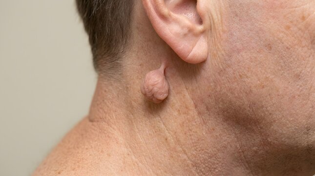 Closeup of large skin growth lump or cyst behind ear on neck of mature man, showing dermatology medical condition lipoma tumor swelling and healthcare examination of epidermal abnormality