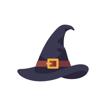 Dark witch hat with curved pointed top, wide brim, belt, and buckle, Halloween magic costume icon for spooky party theme, fantasy accessory, and seasonal decoration, colorful illustration