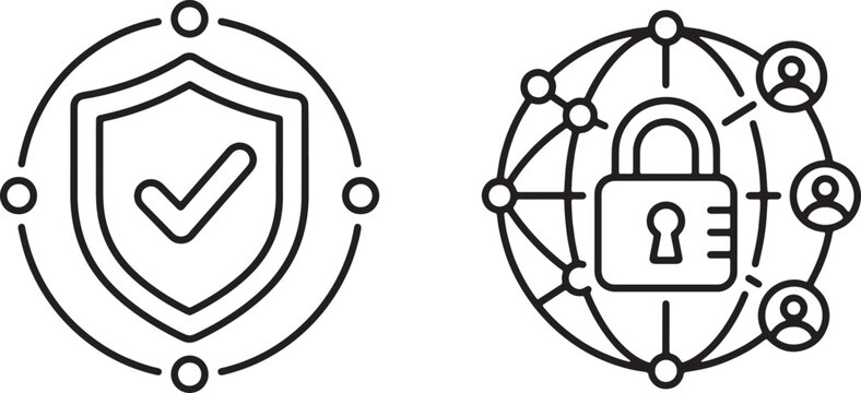 Art & Illustration, Web data security icons depicting a defensive shield with a validation checkmark and a global network globe integrated with a safety lock