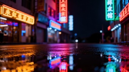 Obraz premium Neon lit street at night with reflections