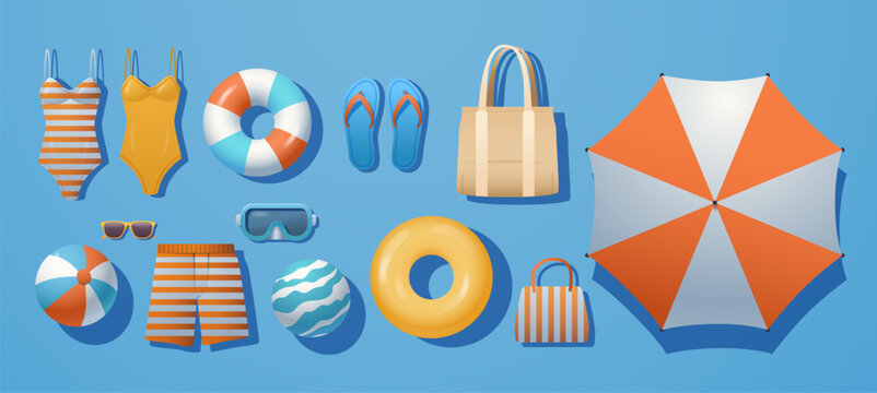 Summer beach accessories swimwear umbrella flip flops lifebuoy ball snorkel bag shorts sunglasses colorful set on blue background