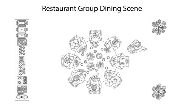 Minimal CAD restaurant group dining top view drawing with people sharing meal, buffet station and tableware layout in clean architectural line style