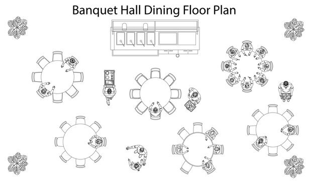 Minimal CAD banquet hall dining top view floor plan with round tables, guests, catering station and event seating layout in clean architectural line style