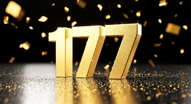 Stylish, reflective golden number 1777 prominently displayed with festive confetti and glittery sparkles for a celebratory look.