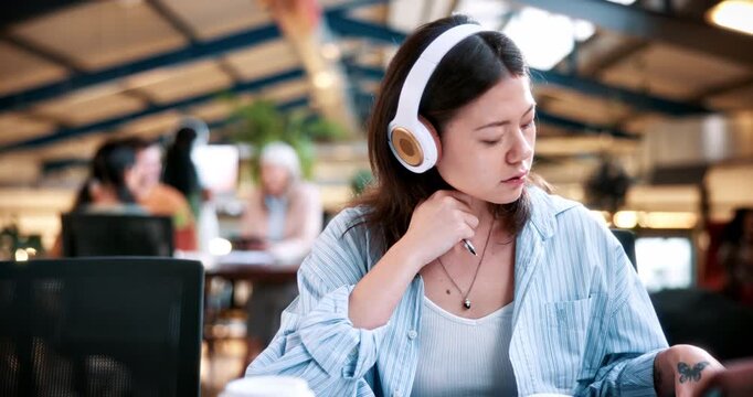 Woman, student and reading with headphones in university study for education, learning or knowledge. Female person, learner or writing with audio app or textbooks for language translation or research