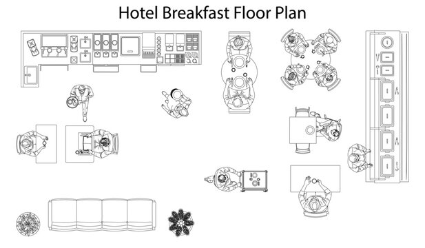 Minimal CAD hotel breakfast floor plan with buffet counter, dining tables, guests and service area layout in clean architectural line style